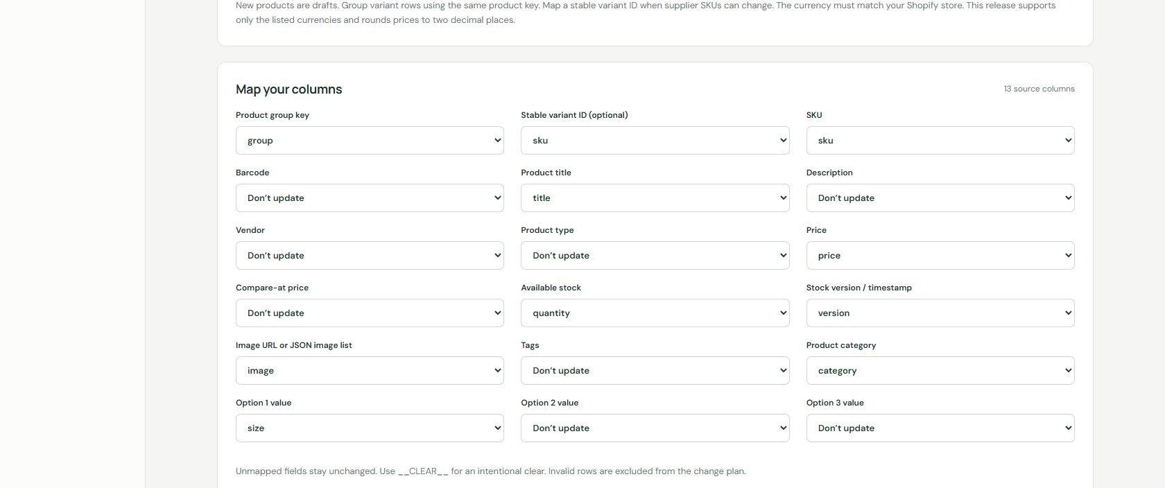 Actual Catalog Sync column mapping screen, showing fields the merchant can choose to update.
