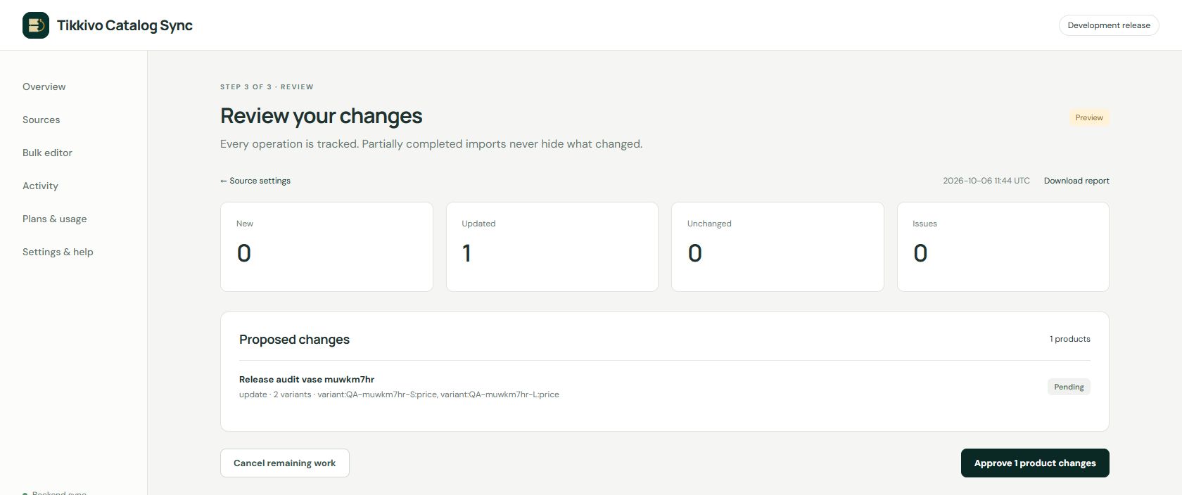 Actual Catalog Sync review screen with a demonstration product update waiting for approval.
