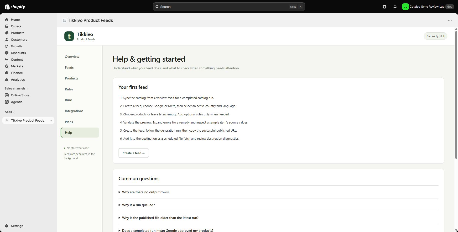 Actual Tikkivo Product Feeds help page inside a Shopify development store.