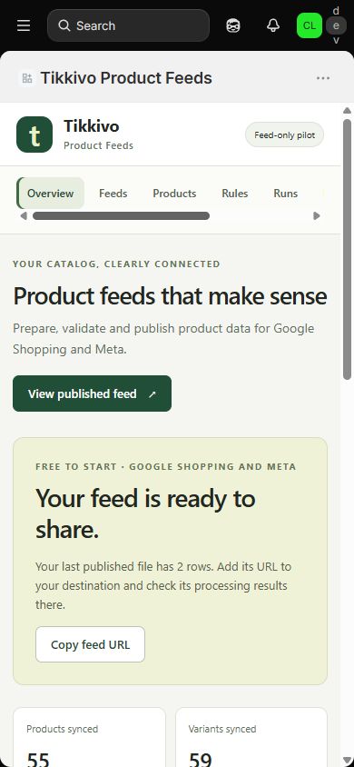 Product Feeds overview on a development-store mobile screen.