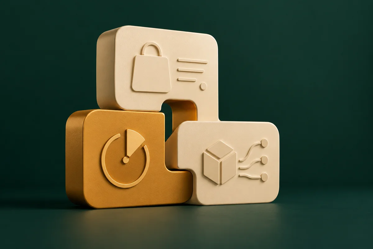 Original cream and ochre modular commerce tools on a forest-green background.