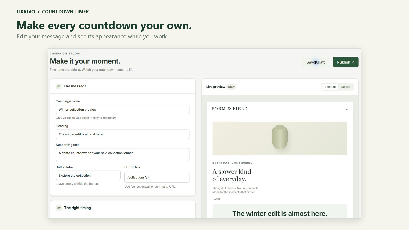 Actual Tikkivo Countdown Timer campaign editor and live preview, using demonstration content.