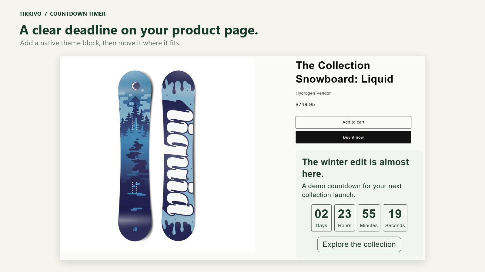 A countdown on a Shopify development-store sample product page.